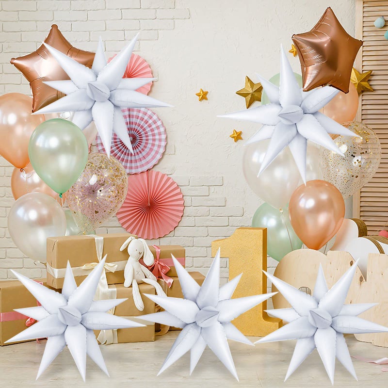 TOTAFAM 60 Pcs Star Foil Balloons Explosion 12 Point Cone Balloon Magic Starburst Balloon Large for Wedding Anniversary Backdrop Birthday Party Decorations (White) - Image 4